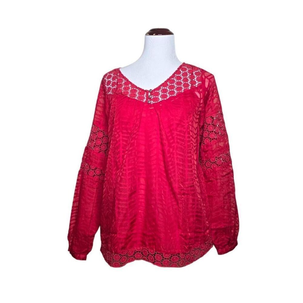 Calvin Klein Lace Blouse Long Sleeve V-Neck Sheer Overlay Red Small